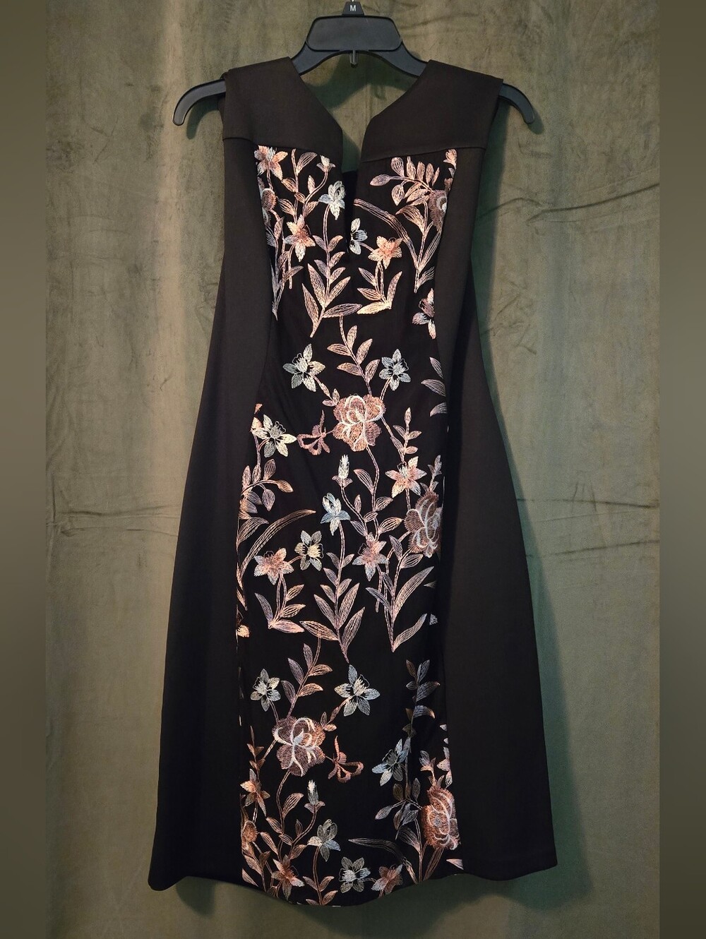 connected apparel Black Midi Dress with Pink and Cream Floral Embroidery